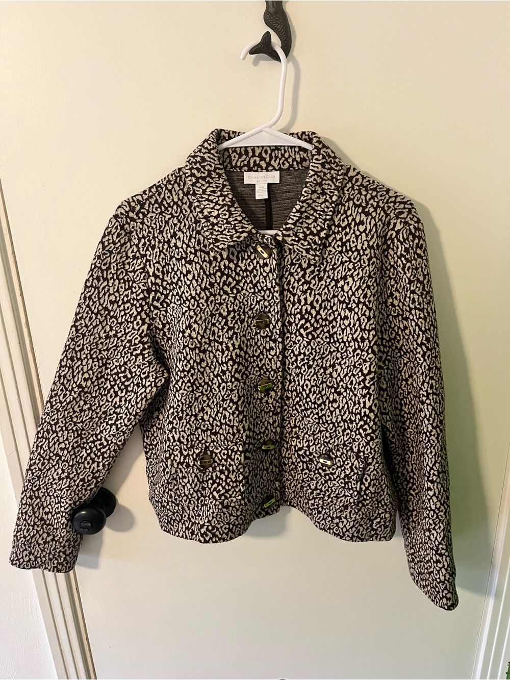 Vintage Charter Club Black and Cream Leopard-Print Jacket